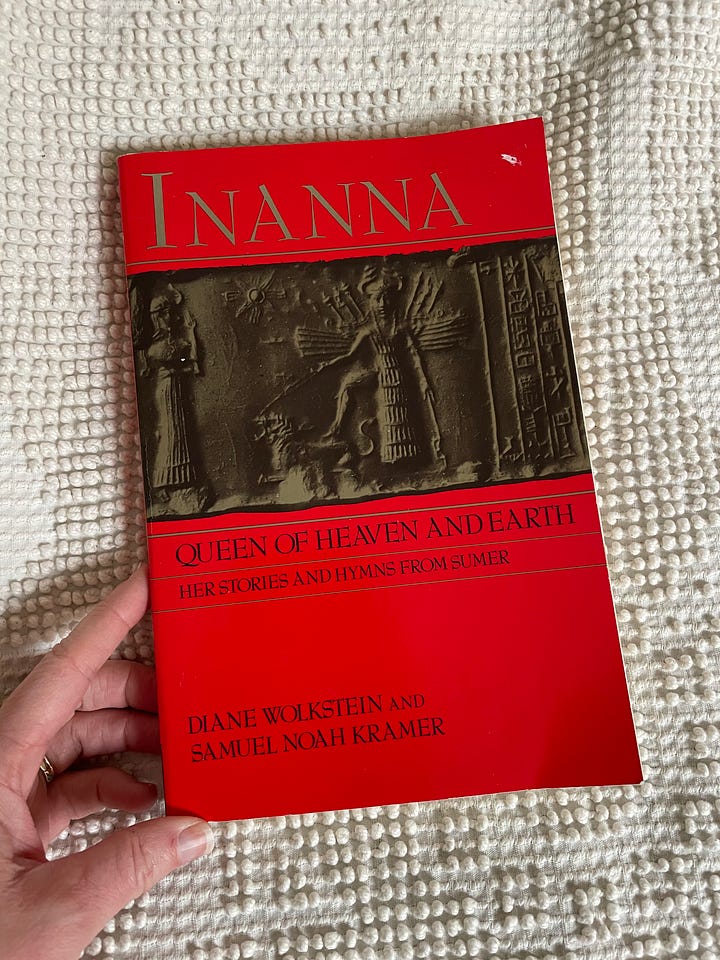 Inanna Queen of Heaven and Earth - read book cover and inside page with cuniform tablet