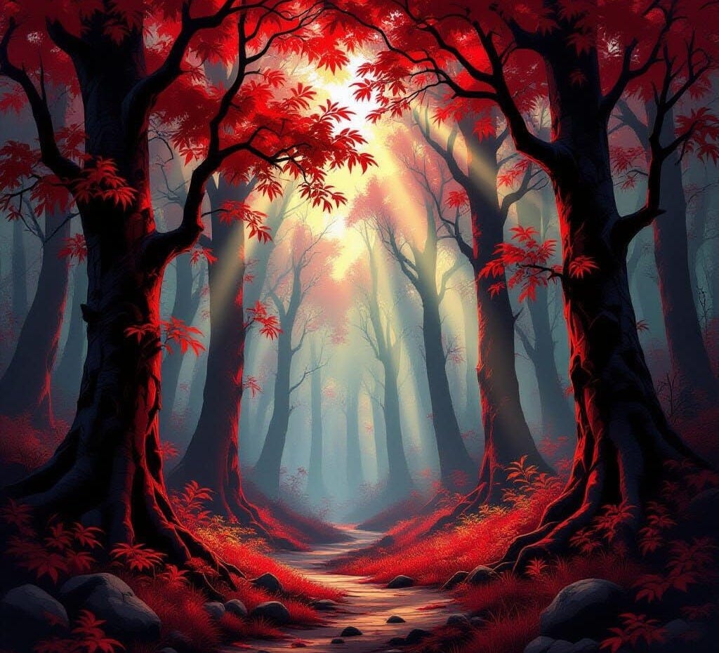 a scarlet forest, dnd style a scarlet forest, dnd style