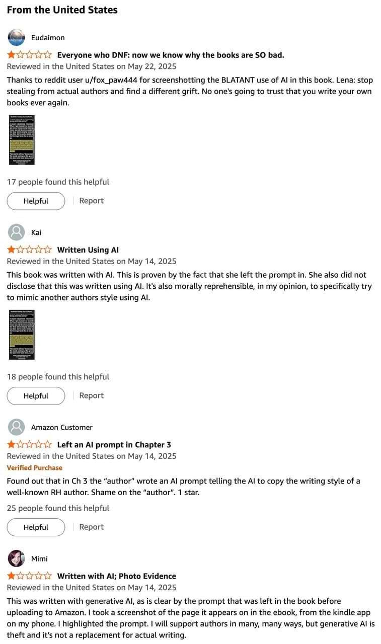 Screenshot of Amazon reviews criticizing a fantasy book for using AI and including an AI prompt in the published text. Multiple one-star reviews call the author out for trying to copy another writer’s style using generative tools, and for failing to disclose the use of AI.