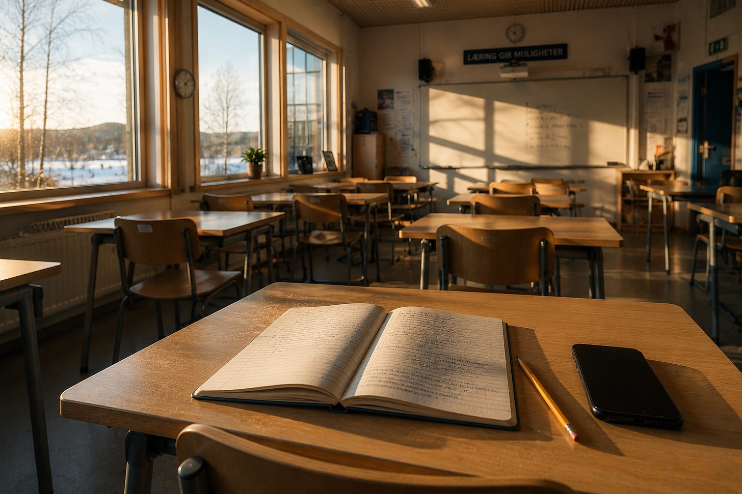 Sala de aula tranquila ao entardecer - imagem gerada por IA para a Arena Tech.