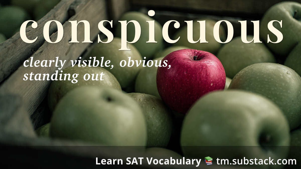 Conspicuous -- SAT word card: single bright red apple among green apples, clearly standing out.