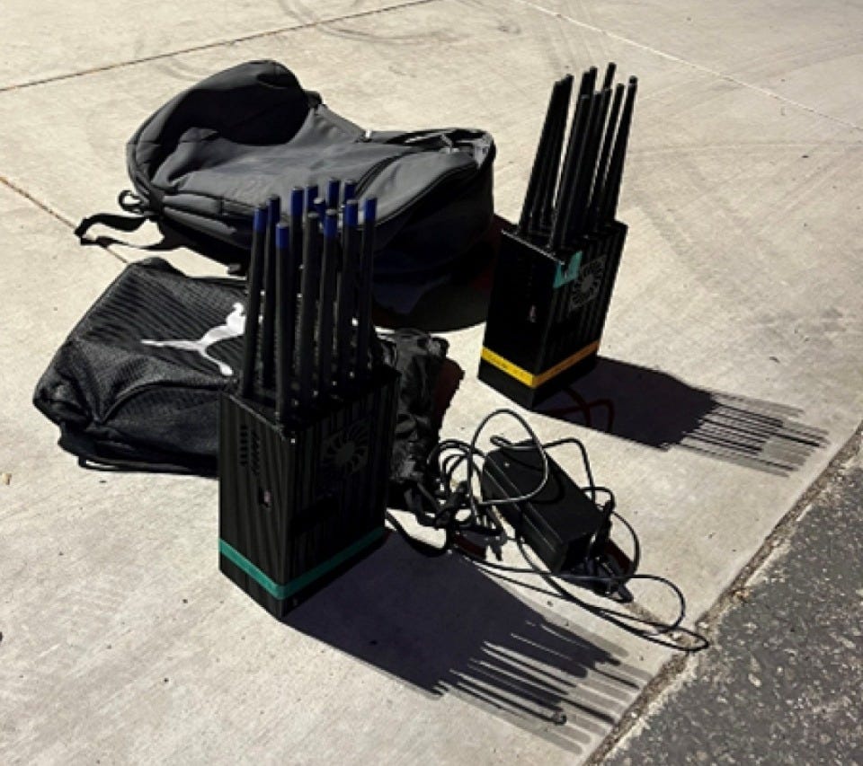 The jammers can affect a wide range of radio frequencies, as evidenced by all their antennas. Police found these jammers left on at the scene of a burglary after a gang cleaned out a jewelry store. (Glendale California Police Department photo) The jammers can affect a wide range of radio frequencies, as evidenced by all their antennas. Police found these jammers left on at the scene of a burglary after a gang cleaned out a jewelry store. (Glendale California Police Department photo)