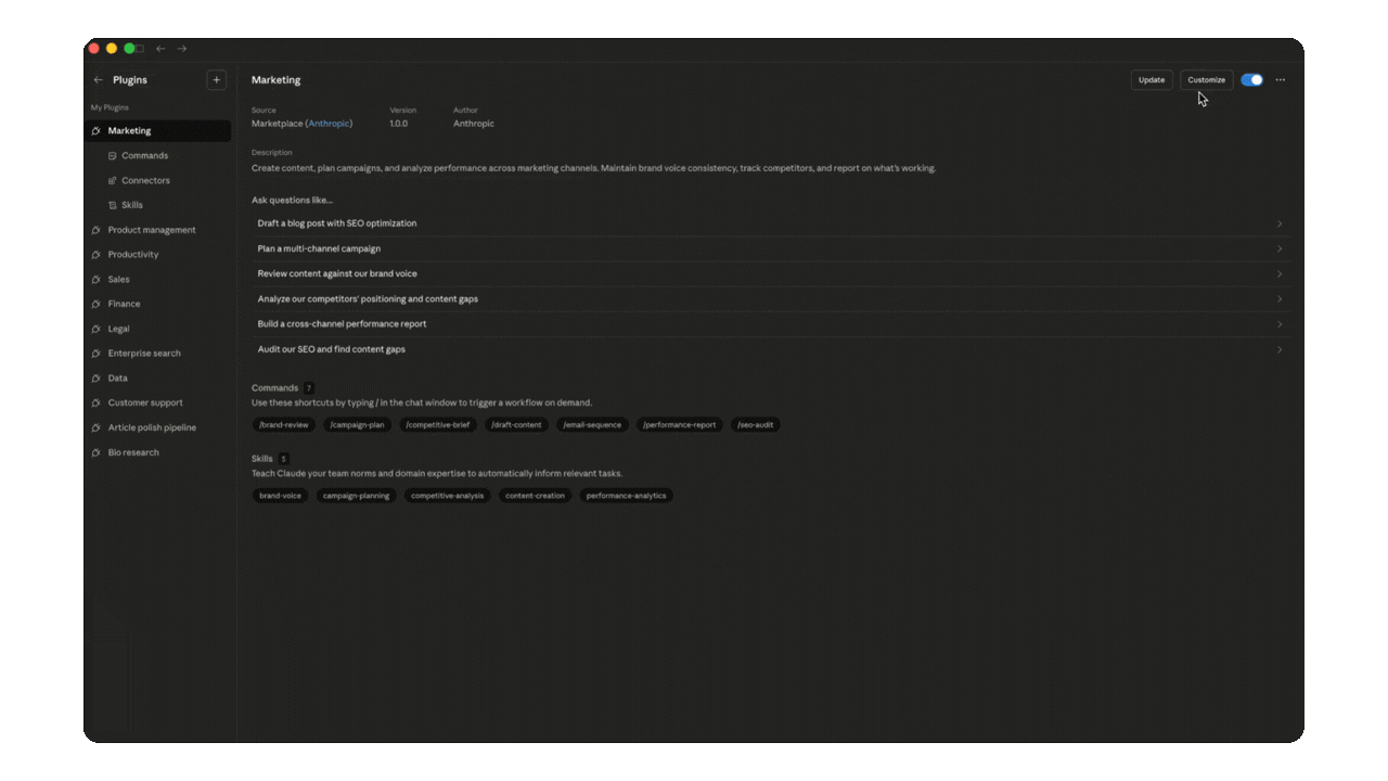Customizing a Claude Cowork plugin by clicking the Customize button and iterating with Claude to add company-specific workflows and terminology