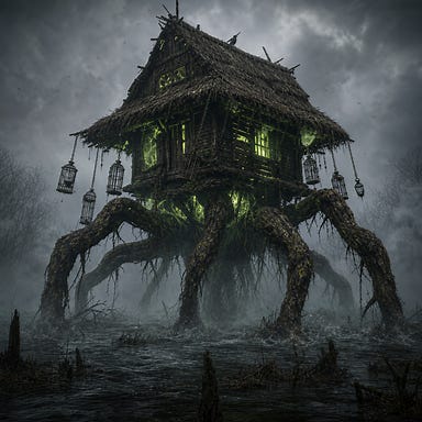 Baba Lysaga’s hut awakened and ready for battle, massive gnarled roots raised like spider legs, glowing green light beneath the floorboards, fog swirling around, cages swinging from eaves, swamp churning below