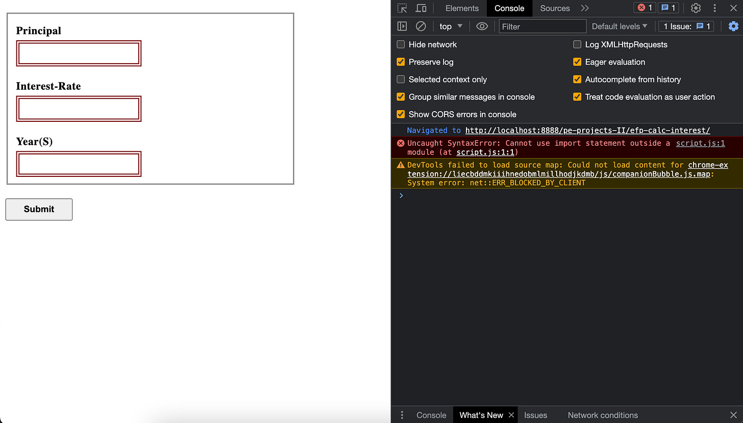A web browser with the console open showing an error