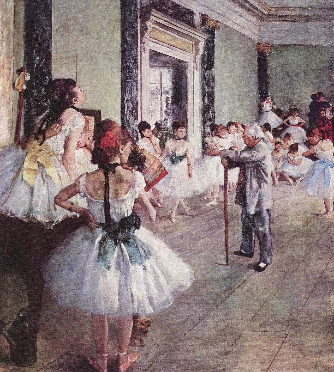 Young ballerinas waiting while an old ballet master watches Young ballerinas waiting while an old ballet master watches