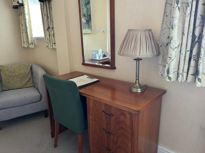 4 photos of a room at Petwood Hotel, Woodhall Spa including the ensuite bathroom.