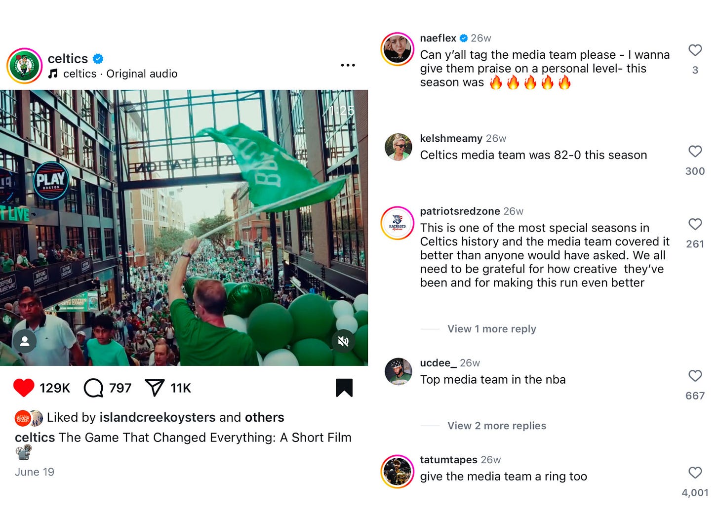 Example of a Celtics post where commenters are praising the media team