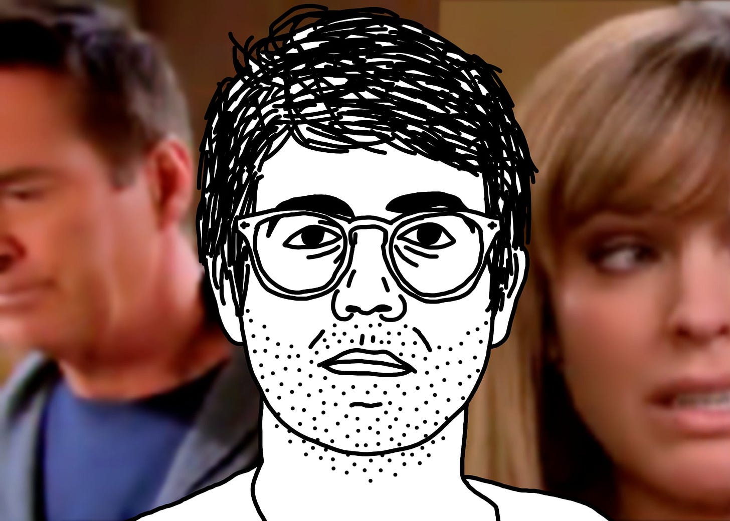 A black line drawing of Alex, the protagonist of "I Hear You Watching." He is white, short messy parted hair, glasses. He stares straight at you, unsmiling. He has a five-o’clock shadow and bags under his eyes. Behind him is a freeze-frame from a glossy soap opera showing a man and woman with serious expressions.