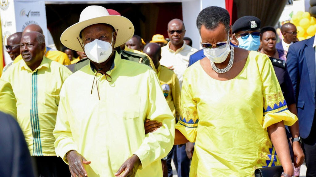 Uganda's President and the leader of ruling National Resistance Movement (NRM) party Yoweri Museveni and first lady Janet Museveni arrive at a ceremony for his nomination as presidential candidate at the Electoral Commission offices in Kampala, Uganda, on 23 September 2025.