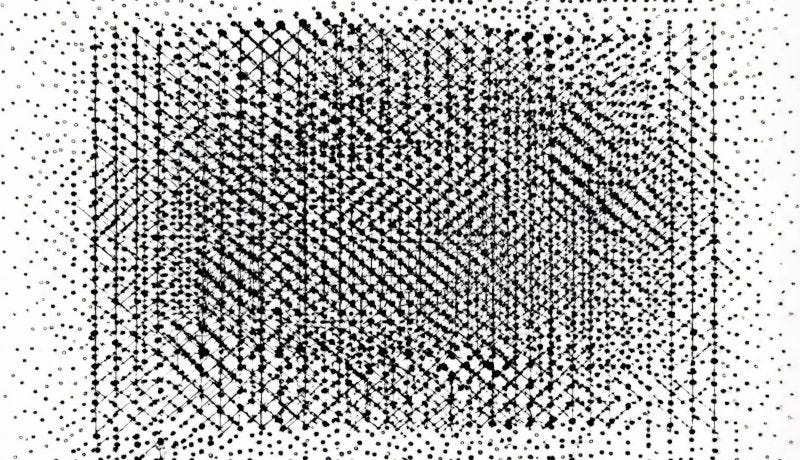 An abstract artwork of black dots, within a loose matrix of diagonal lines, on a white background.