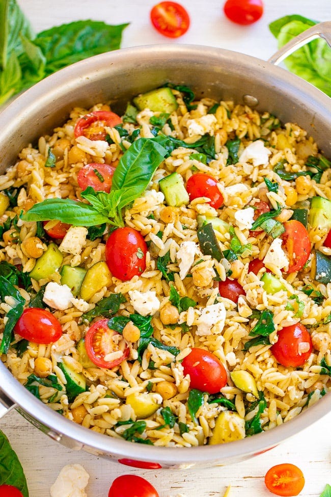 Lemon Basil Greek Orzo Salad in a pot. 