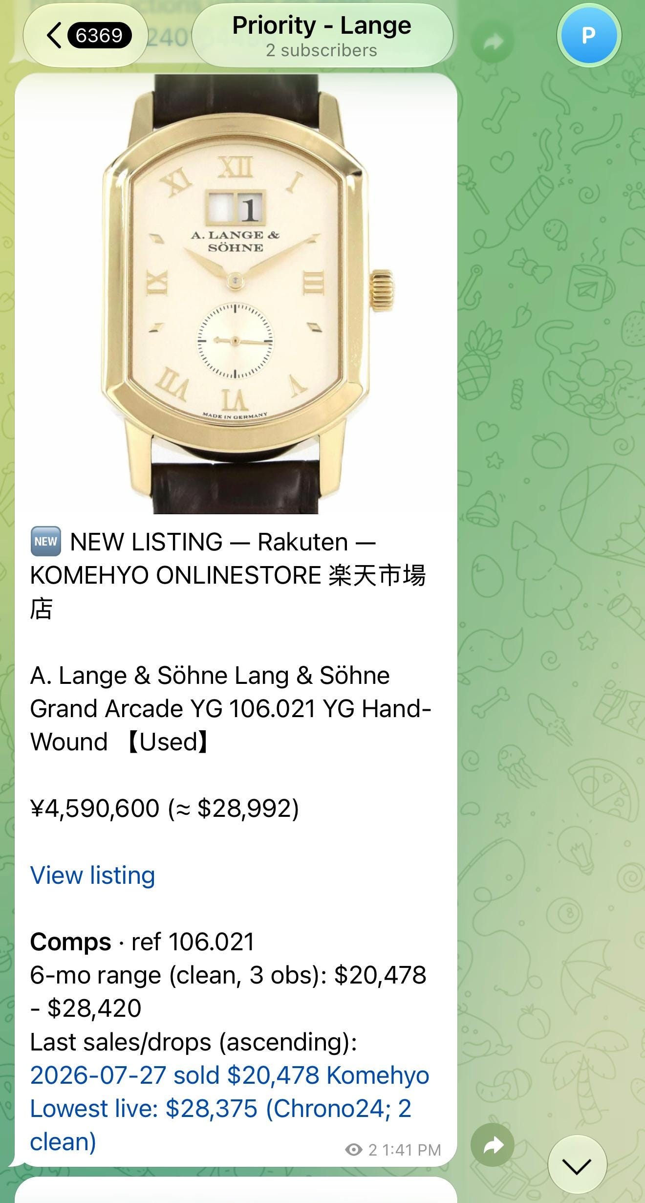 A new-listing alert for an A. Lange & Söhne 106.021 at „4,590,600, with a six-month comparable range of $20,478 to $28,420, the last recorded sale and the lowest live listing attached automatically. A new-listing alert for an A. Lange & Söhne 106.021 at „4,590,600, with a six-month comparable range of $20,478 to $28,420, the last recorded sale and the lowest live listing attached automatically.