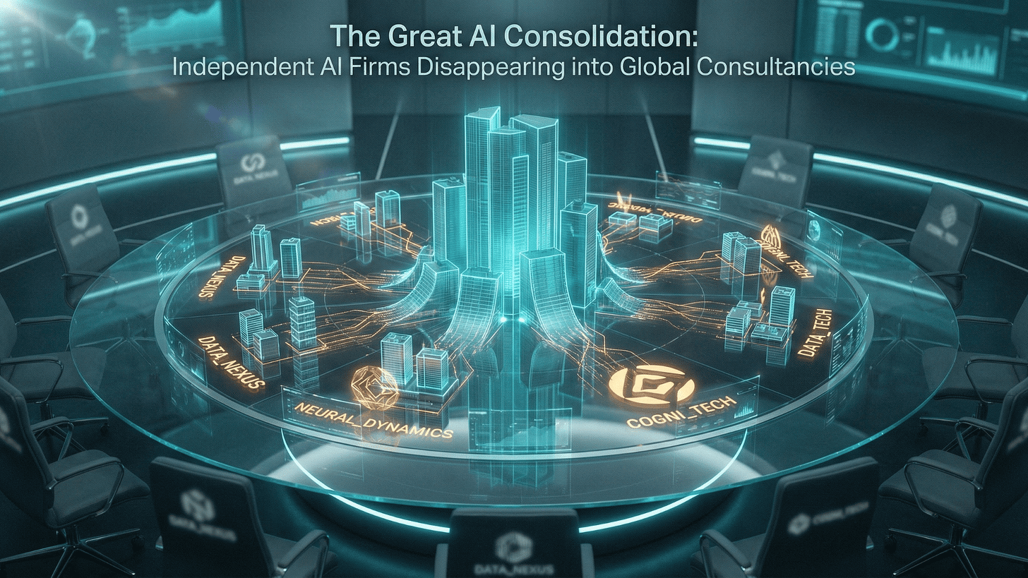 Overhead view of a futuristic boardroom where smaller independent structures merge into a single large corporate entity, representing AI market consolidation.