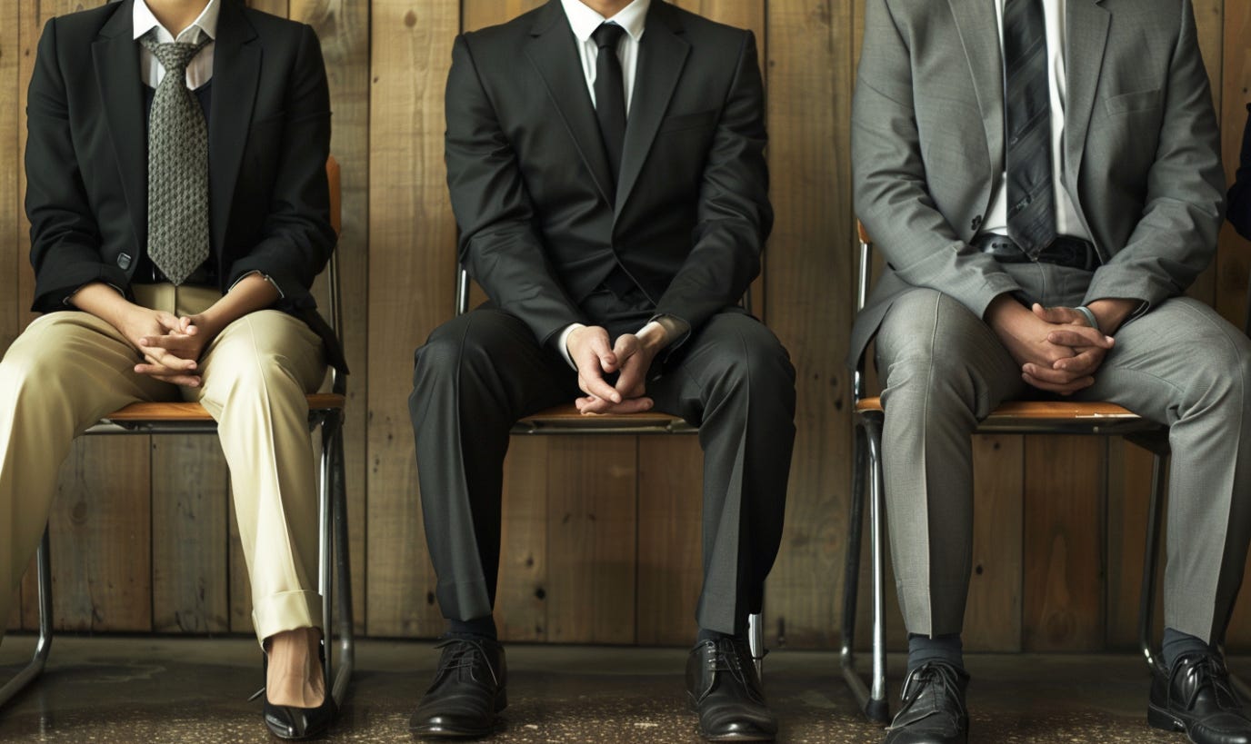 An AI-generated image of 3 people, suited and booted, sitting in chairs in a row. An AI-generated image of 3 people, suited and booted, sitting in chairs in a row.