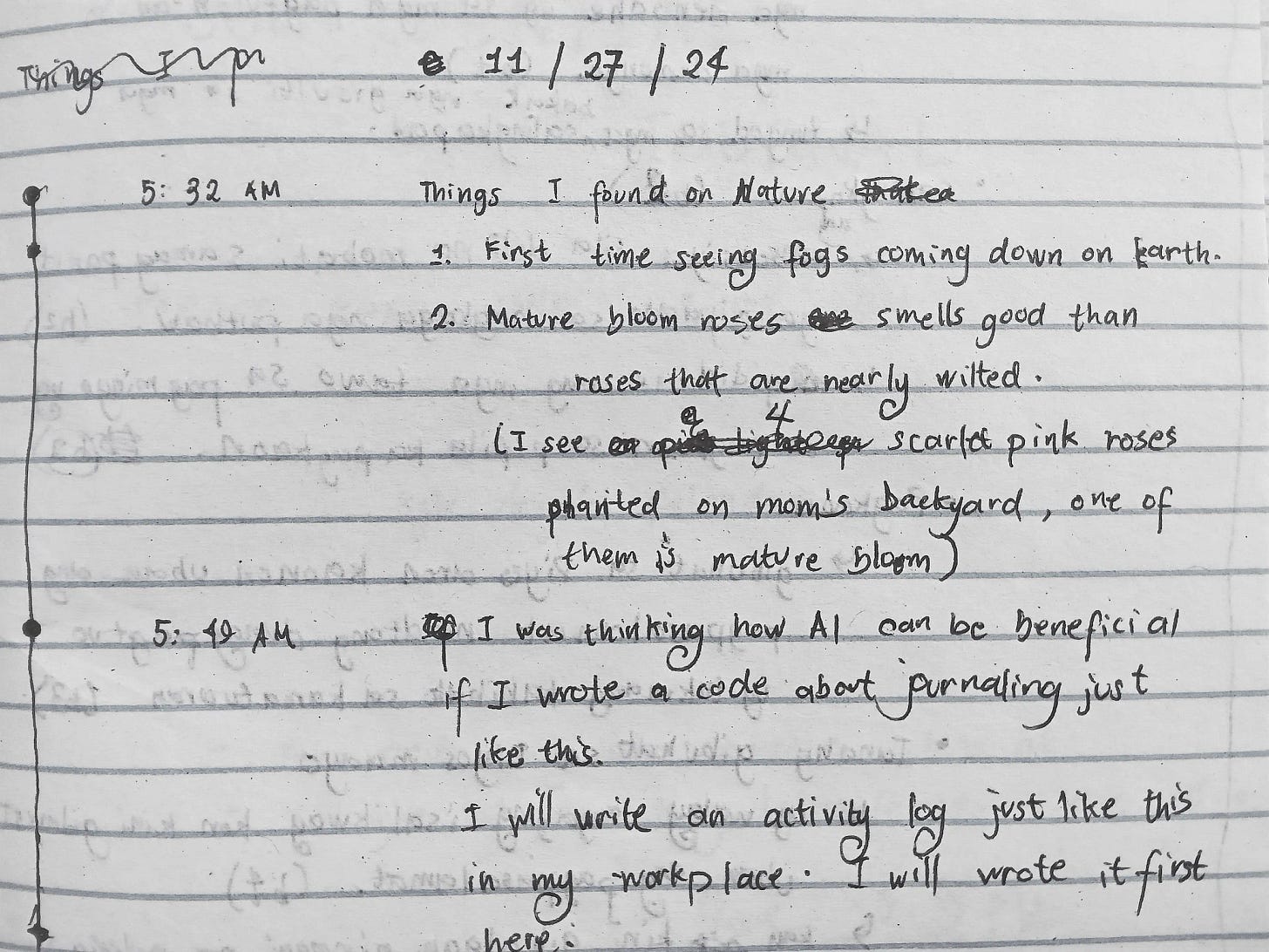 Handwritten journal entry dated 11/27/24 with observations about nature and thoughts on using AI for journaling.