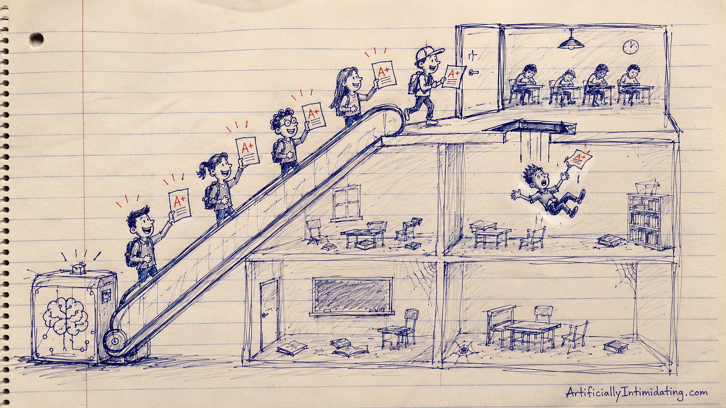 AI-generated editorial cartoon showing students riding an AI-powered escalator through a school while collecting A+ homework grades. The escalator bypasses empty classrooms and abandoned textbooks, and students fall through a trapdoor when they reach the exam room, illustrating how AI homework assistance can boost grades while weakening actual learning.