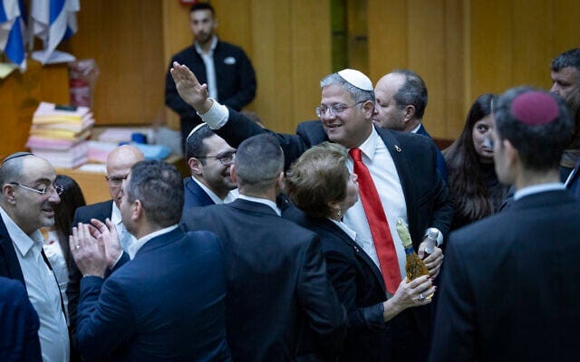 National Security Minister Itamar Ben Gvir celebrates the passing of the death penalty law for terrorists in the Knesset, March 30, 2026. (Chaim Goldberg/Flash90)