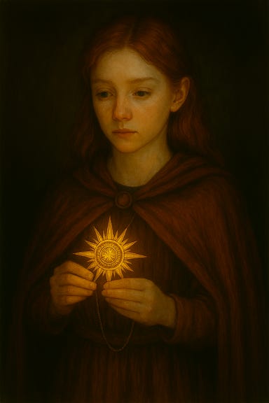 A portrait of Ireena Kolyana with her trademark red hair, standing in a shadowed chapel. Her hair is long, wavy, and a rich auburn-red, catching the light as it falls around her shoulders. She wears a deep crimson cloak with silver embroidery, and her expression is solemn yet hopeful. In her hands, she holds an ornate seal of the Morninglord, shaped like a radiant sunburst with intricate filigree. The seal glows brightly, casting warm golden light across her face and chest. The background is filled with faint stained-glass reflections and drifting motes of light. The atmosphere is reverent, mystical, and emotionally charged.
