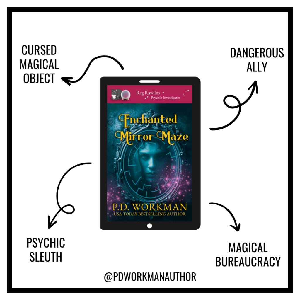 Enchanted Mirror Maze paranormal cozy mystery tropes including cursed magical object and psychic sleuth Enchanted Mirror Maze paranormal cozy mystery tropes including cursed magical object and psychic sleuth