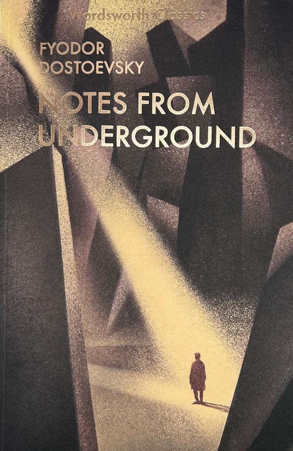 Book cover of “Notes from Underground” by Fyodor Dostoevsky, featuring a solitary figure standing among abstract, towering shapes with a beam of light illuminating the scene. Book cover of “Notes from Underground” by Fyodor Dostoevsky, featuring a solitary figure standing among abstract, towering shapes with a beam of light illuminating the scene.