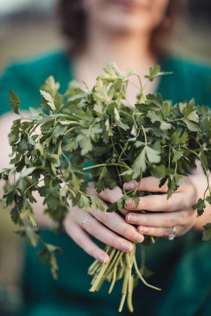 Are you an active or passive patient? Emily holding up posy of parsley.