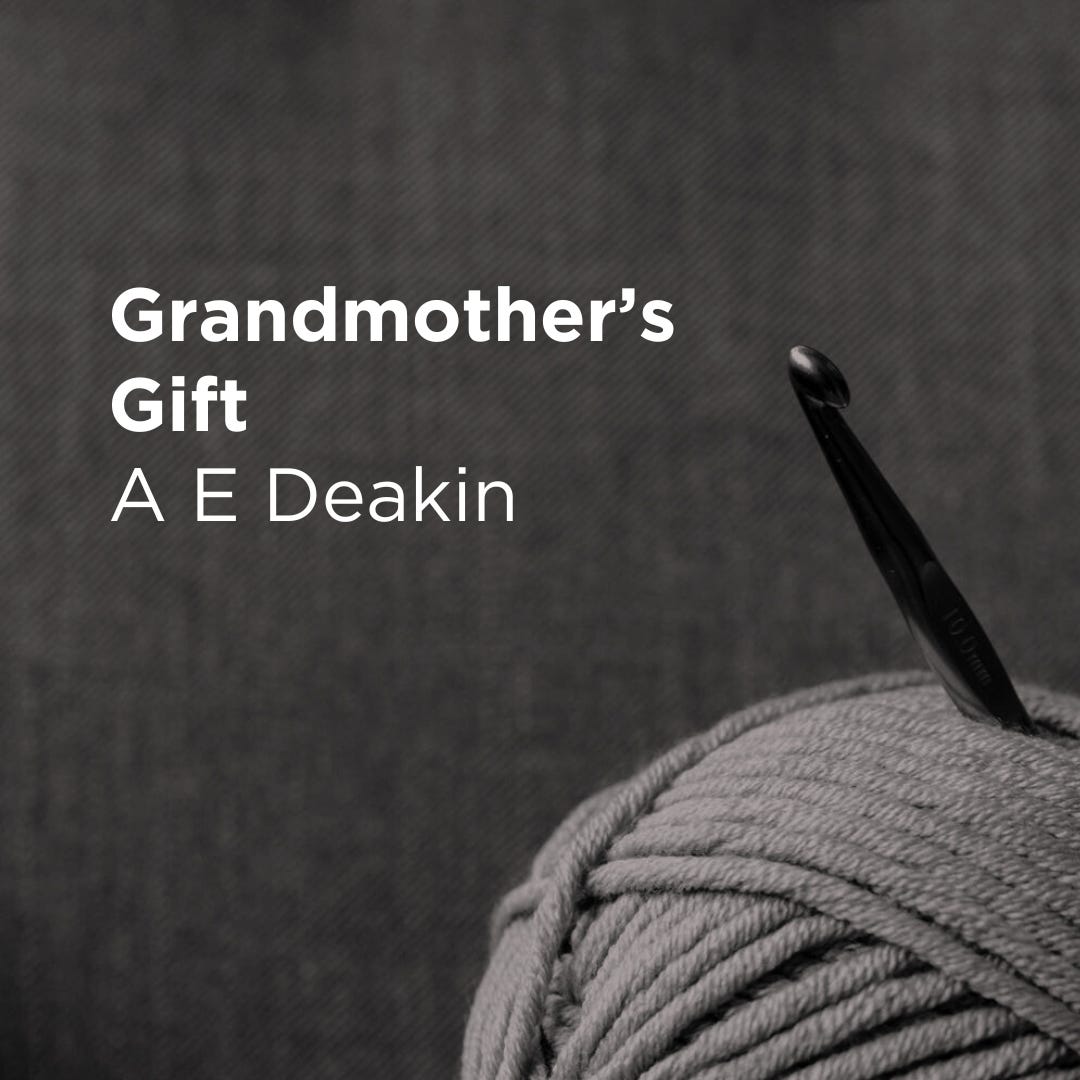 Grandmothers Gift A E Deakin. Image of black and white ball of yarn with needle stabbed through it