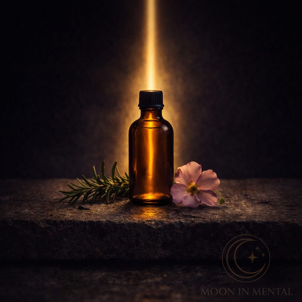 MoonInMental aromatherapy image for Venus Saturn conjunction week March 2026. Amber glass bottle on worn stone altar with rosemary and geranium beside a vertical gold light beam representing maturation and decisive forward motion.
