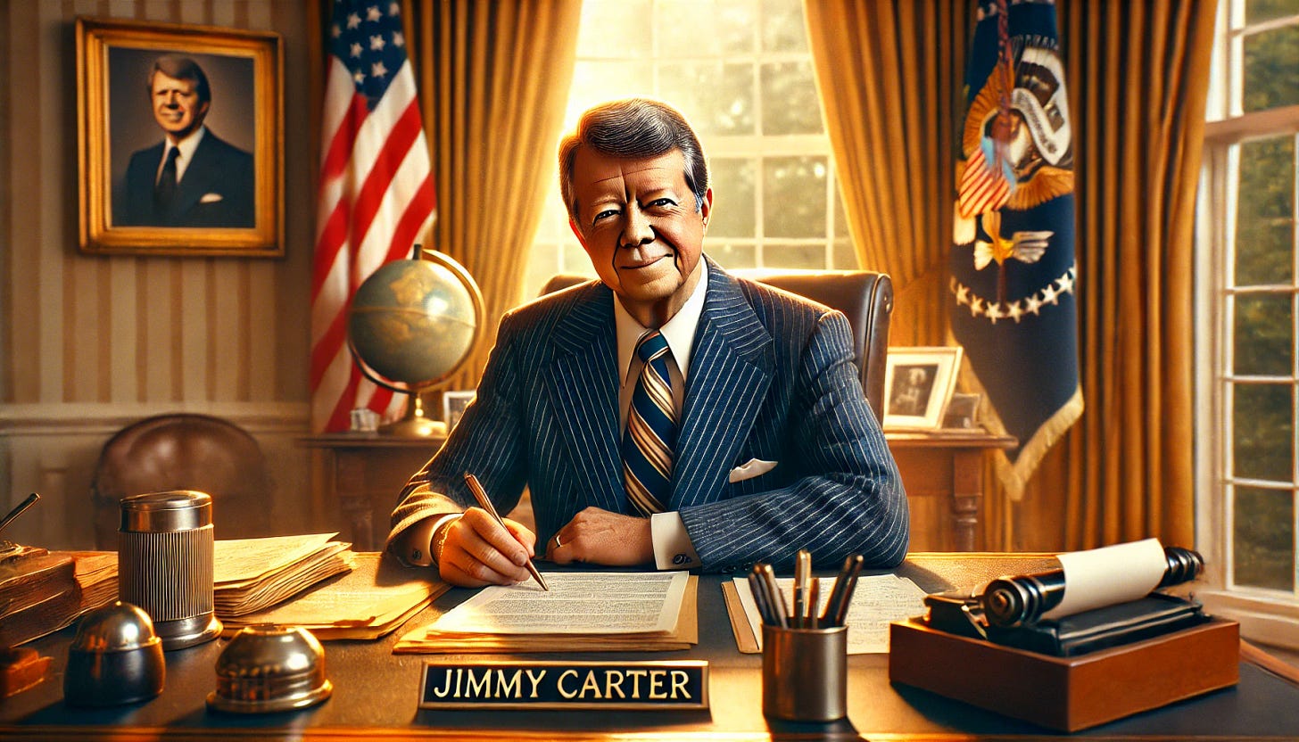 A historical photograph of President Jimmy Carter during his tenure, depicted in a realistic style. He is shown in a presidential office setting, seated at a desk with documents and a pen, wearing a formal suit with a striped tie. Behind him, the American flag, the presidential seal, a globe, and a bookshelf are visible, adding to the official atmosphere. The lighting is bright and natural, coming from a window to his left, creating warm tones and a vivid atmosphere. Vintage color grading enhances the historical feel, with muted yet vibrant tones that evoke the era. The overall mood reflects professionalism and leadership. Created using: photorealistic detailing, vintage color grading, enhanced historical ambiance, natural light effects, fine textures, high-definition quality, intricate office detailing, and a subtle depth of field --ar 16:9.
