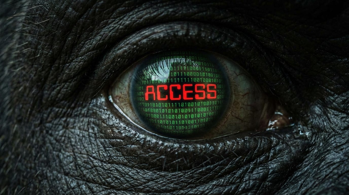 Close up on a gorilla's eye, reflecting lines of green binary code. The word 'ACCESS' flashing in red.
