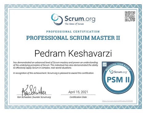 Pedram Keshavarzi's Professional Agile, Scrum, Kanban, Product Management Certificates