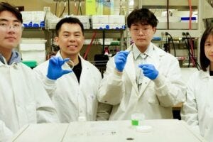 The Hydrogel Research Subgroup in Assistant Professor Siyuan Rao’s Neurobiological Interfaces Lab includes, from left, Chen Lin ’24; lecturer Sizhe Huang, PhD '24; Ruobai Xiao ’24; and PhD student Zuer Wu.