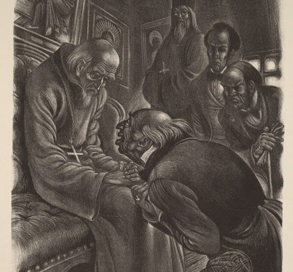 The Old Buffoon (Book II: An Unfortunate Gathering, facing p.30) by Fritz Eichenberg