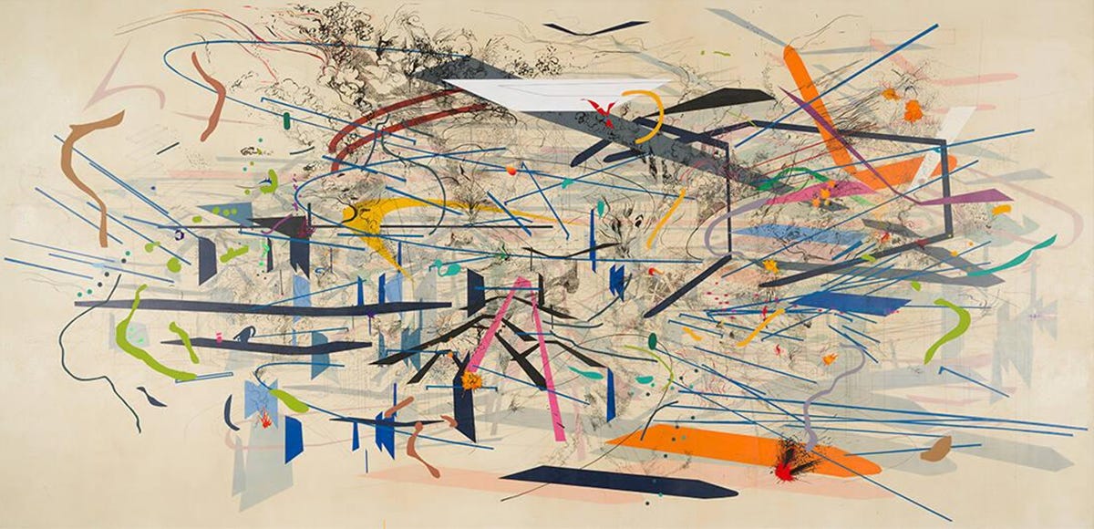 Large-scale abstract painting by Julie Mehretu composed of layered architectural diagrams, gestural marks, lines, symbols, and bursts of color spread across a panoramic canvas. The composition suggests movement, networks, urban systems, and overlapping forms of human activity.
