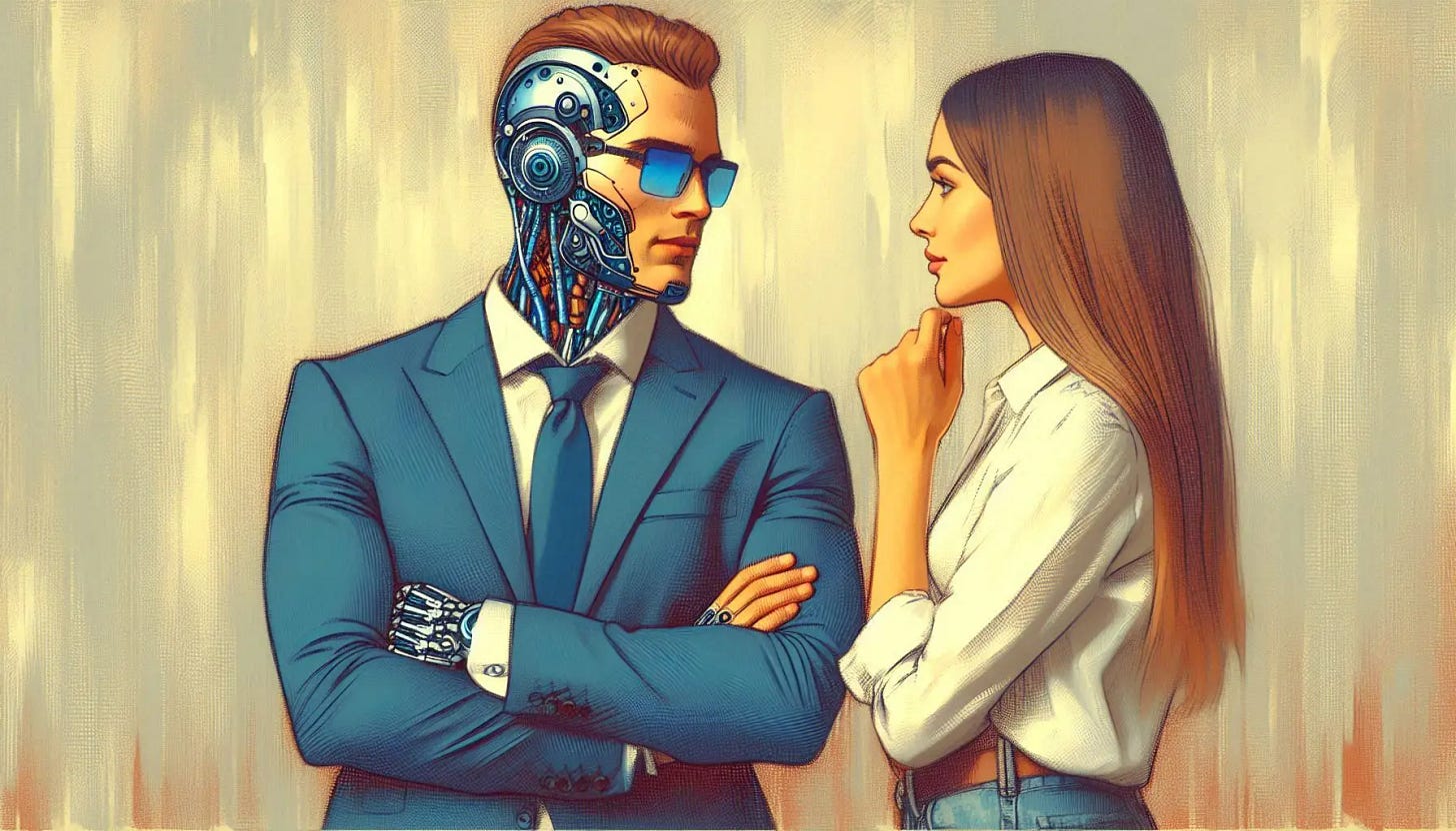 A handsome male cyborg is talking to an attractive young woman. The cyborg has its fingers crossed behind its back. Slight impressionist style. A handsome male cyborg is talking to an attractive young woman. The cyborg has its fingers crossed behind its back. Slight impressionist style.