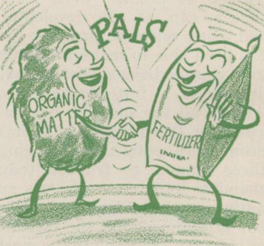 Cartoon from Jan-Feb-Mar 1951 Fertilizer Review article titled "Science vs. Witchcraft" of an organic matter particle and a bag of fertilizer shaking hands.
