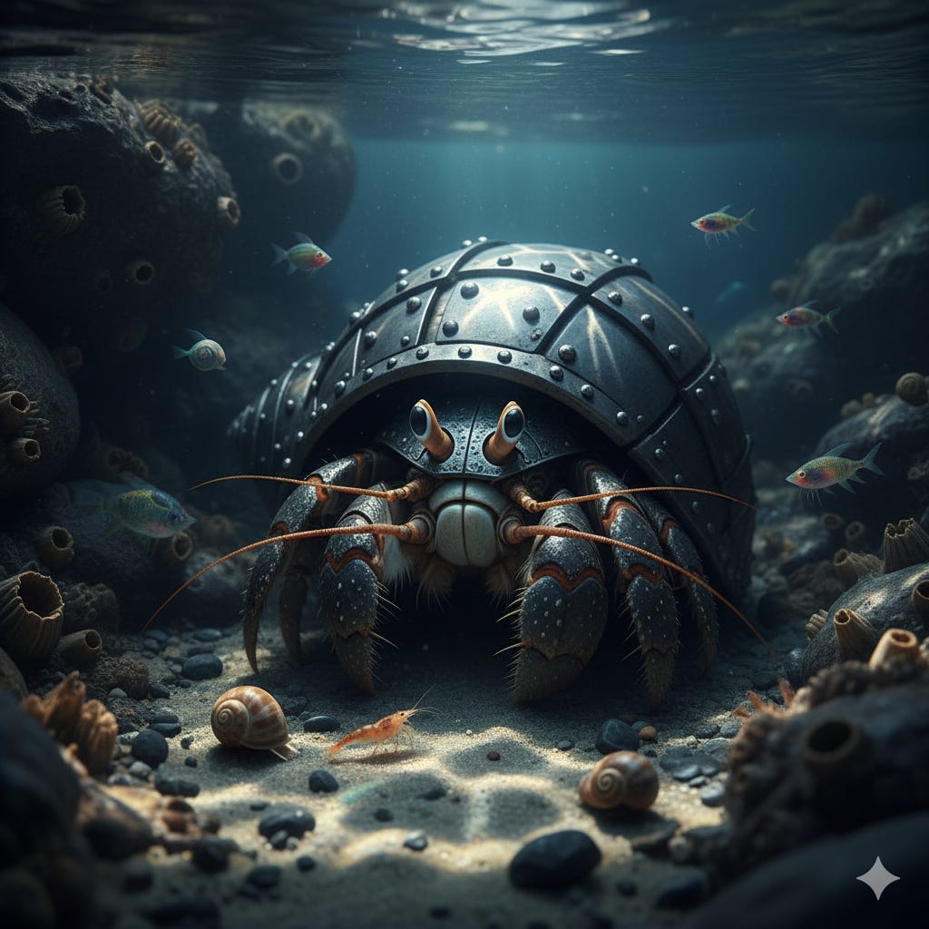 Hermit crab wearing metallic armor shell, surrounded by small fish underwater.