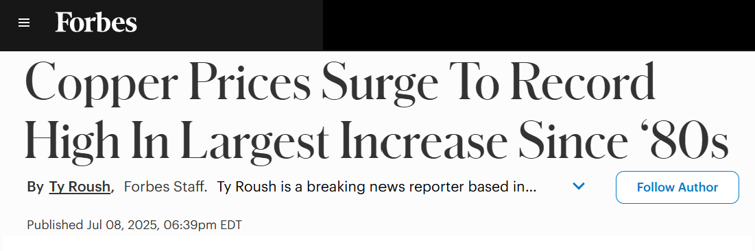 Forbes headline on copper prices hitting record high, biggest rise since 1980s Forbes headline on copper prices hitting record high, biggest rise since 1980s