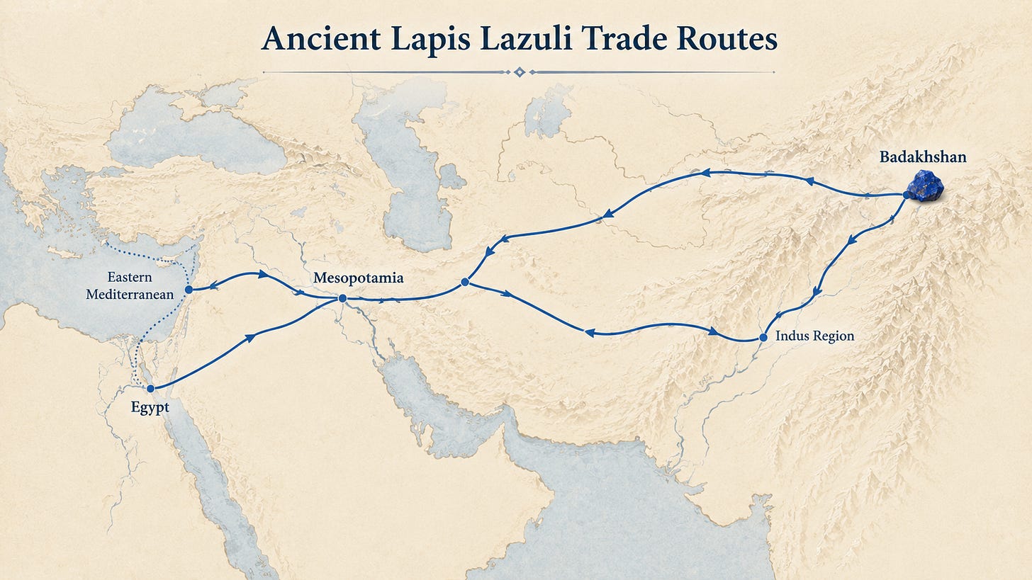 Map showing the ancient movement of lapis lazuli from Badakhshan through the Indus region, Mesopotamia, Egypt, and the eastern Mediterranean. Map showing the ancient movement of lapis lazuli from Badakhshan through the Indus region, Mesopotamia, Egypt, and the eastern Mediterranean.