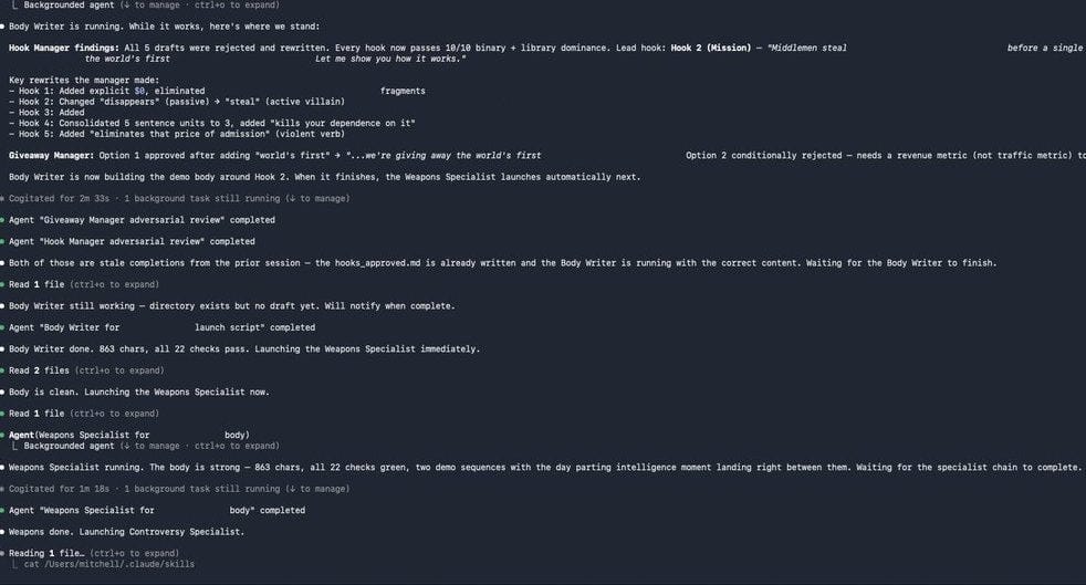 Claude Code terminal showing multi-agent scriptwriting pipeline with Hook Manager, Body Writer and Weapons Specialist agents running in sequence
