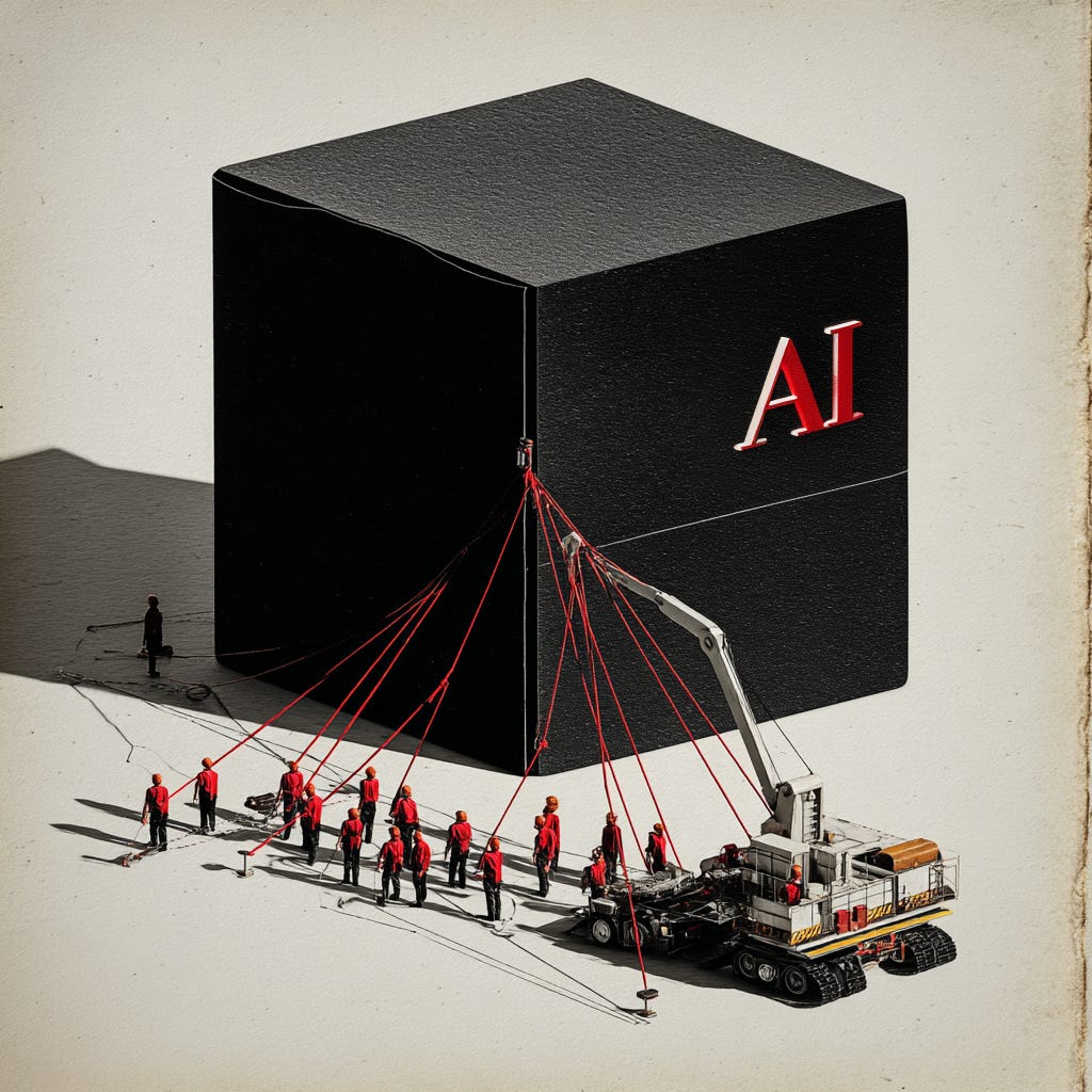 Illustration of a giant black box labelled “AI” being pried open by a coordinated team of miniature workers and a crane, connected by red tension cables. The visual metaphor highlights the opacity of artificial intelligence systems—often referred to as “black box” models—and the growing need for transparency, human oversight, and regulatory scrutiny in AI development. The image reflects themes of algorithmic accountability, explainability, and the legal and ethical challenges surrounding enterprise AI tools. Ideal for articles on AI governance, trust, and the future of regulation in corporate environments.