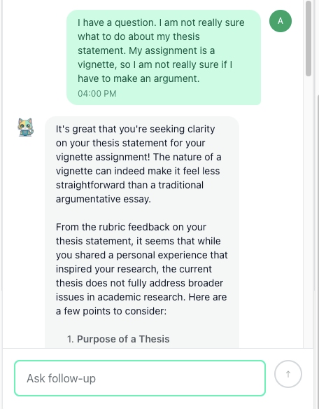 Theo clarifies thesis for a vignette thesify chat with Theo clarifies a thesis statement for a vignette, using rubric feedback to define aim and argument.