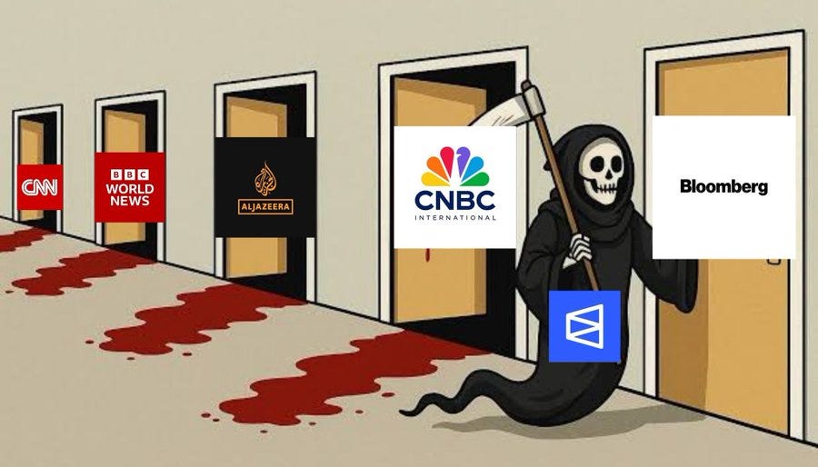 Cartoon illustration of five doors in a row on a beige floor with red blood streaks leading to the last door. First door labeled CNN, second BBC, third Al Jazeera, fourth CNBC with NBC logo, fifth Bloomberg. A grim reaper figure in black cloak with skeletal face holds a scythe in one hand and a blue Polymarket logo sign in the other, standing before the doors.