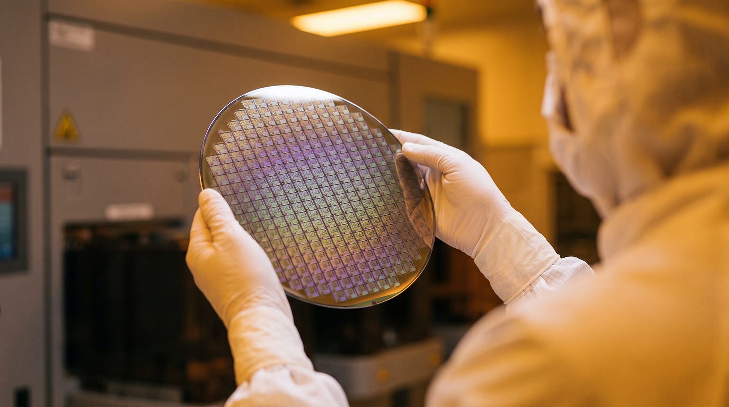 Handen in cleanroomhandschoenen houden een siliciumwafer tegen het gele licht Handen in cleanroomhandschoenen houden een siliciumwafer tegen het gele licht