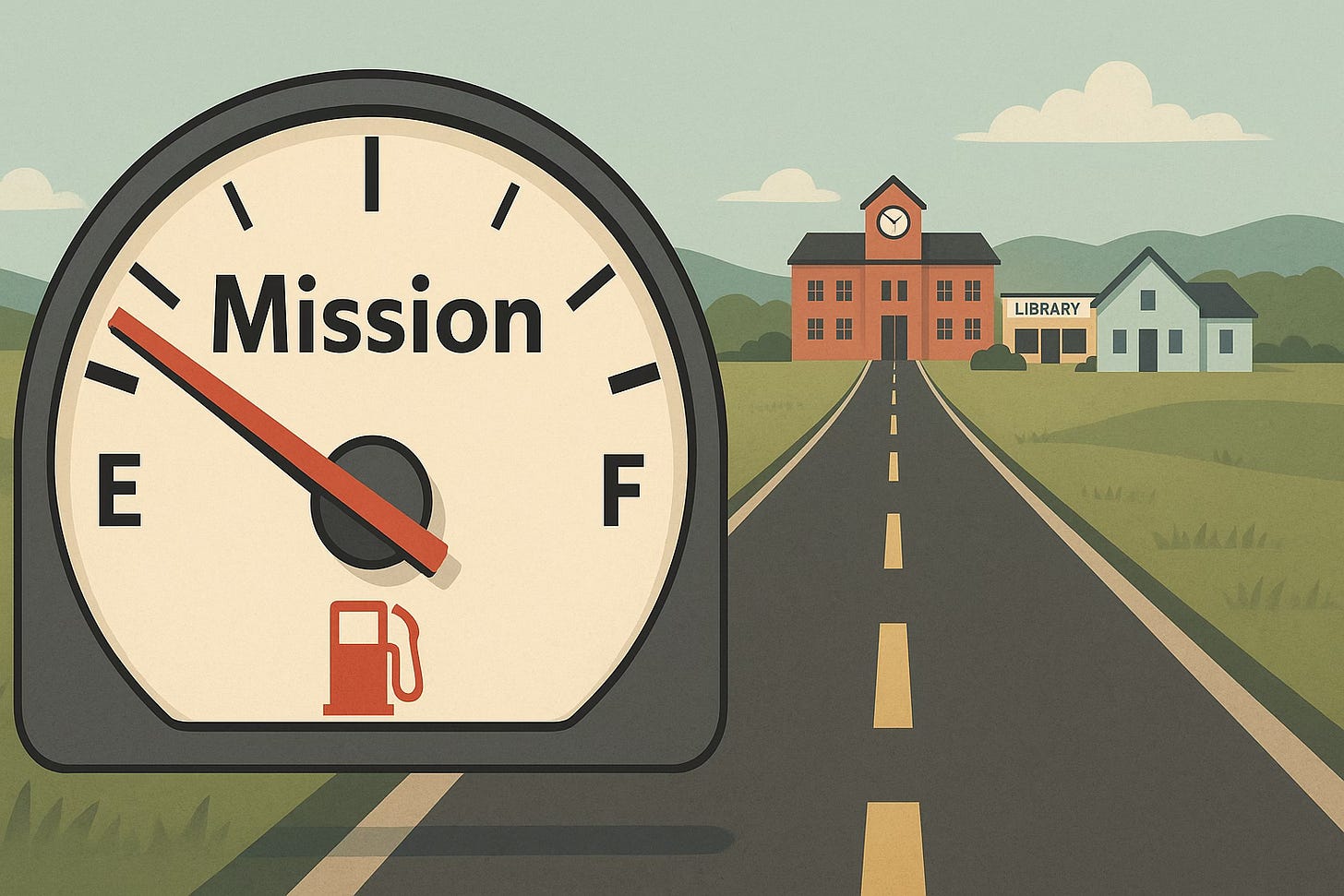 Horizontal illustration of a car fuel gauge labeled “Mission,” with the needle near empty. A road stretches ahead toward a school, library, and community buildings, symbolizing nonprofit goals. Horizontal illustration of a car fuel gauge labeled “Mission,” with the needle near empty. A road stretches ahead toward a school, library, and community buildings, symbolizing nonprofit goals.