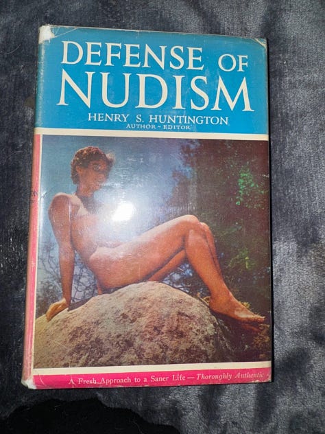 Nine photos of vintage nudist books displayed on a dark surface, including titles such as Social Nudism in America by Fred Ilfeld and Roger Lauer, On Going Naked by Jan Gay, Life in the Sun by Allan Blair, The Naked Truth About Nudism by William Welby, Naked in the Woods by Jim Motavalli, Defense of Nudism by Henry Huntington, Nudist Society by William Hartman, Facts About Nudism (1935), and Naked and Unashamed by William Welby.