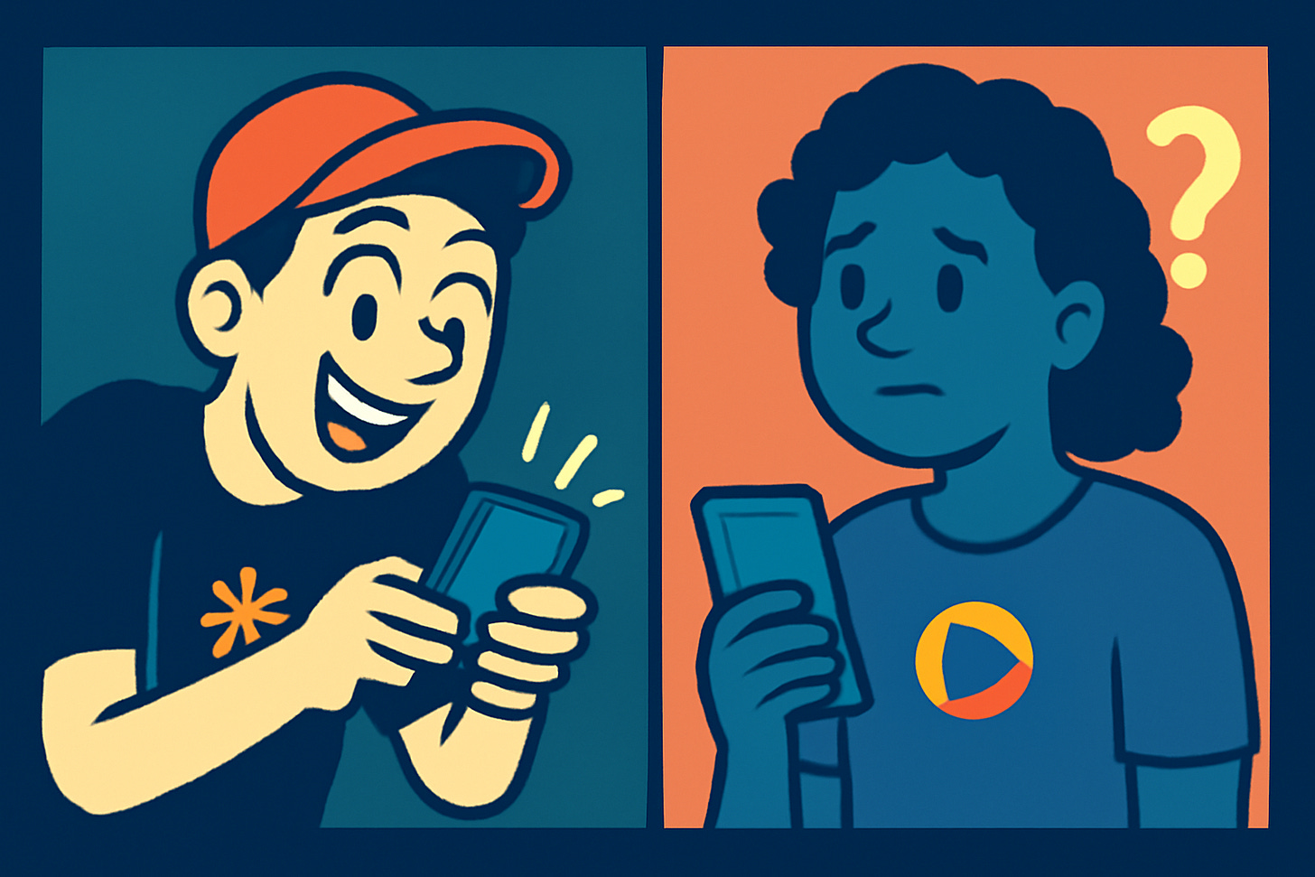 Illustration showing two figures representing software communication - on the left, a happy person with a baseball cap enthusiastically holding a phone with notification lines, representing Zapier sending data; on the right, a confused person with curly hair holding a phone with a question mark above their head, representing BQE Core unable to understand the data format.