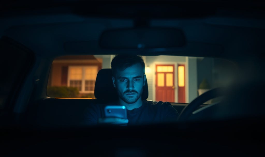 Cinematic wide-angle shot, night. A lone, pensive man sits in the driver's seat of a parked car, his face dimly illuminated by the cool blue glow of a smartphone and a car dashboard. Outside the windshield, twelve feet away, a warm, inviting light spills from a suburban front door, creating a sharp contrast between the cold blue interior of the car and the golden amber of the home. High tension, moody atmosphere, hyper-realistic, 35mm film aesthetic, deep shadows, representational of an invisible barrier.