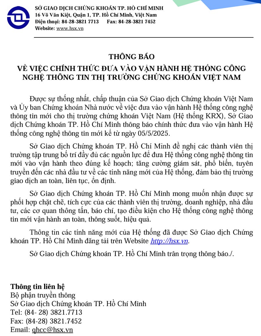 HoSE: Chính thức vận hành hệ thống KRX từ ngày 5/5 - Ảnh 1 HoSE: Chính thức vận hành hệ thống KRX từ ngày 5/5 - Ảnh 1