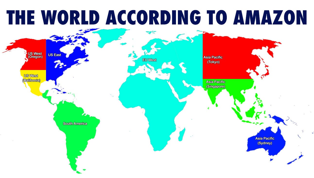 Map showing the approximate geographical regions utilized by Amazon Web Services. 